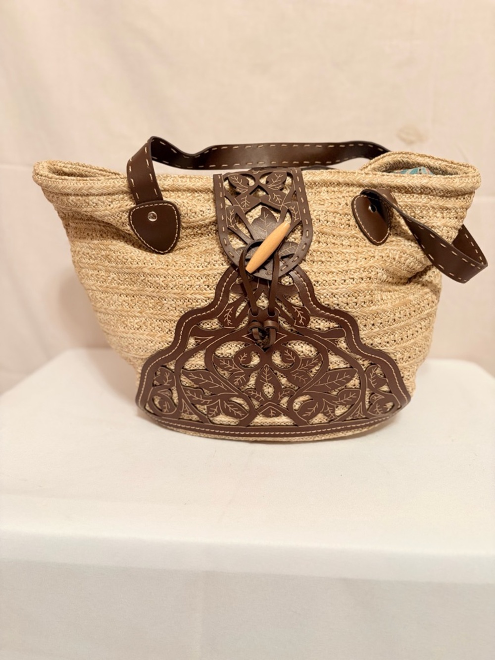 Woven Straw Tote with Decorative Brown Leather Overlay - Picture 2 of 7